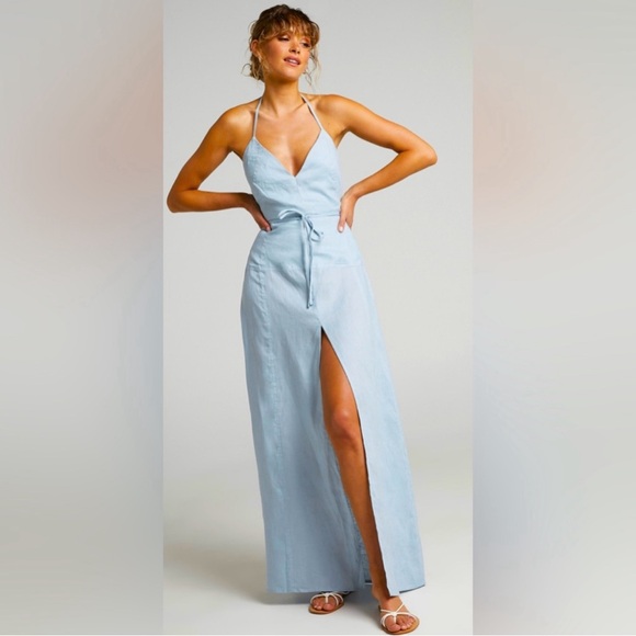 AMALIE THE LABEL - ELMIYA LINEN OPEN BACK HALTER MAXI DRESS - Picture 2 of 2